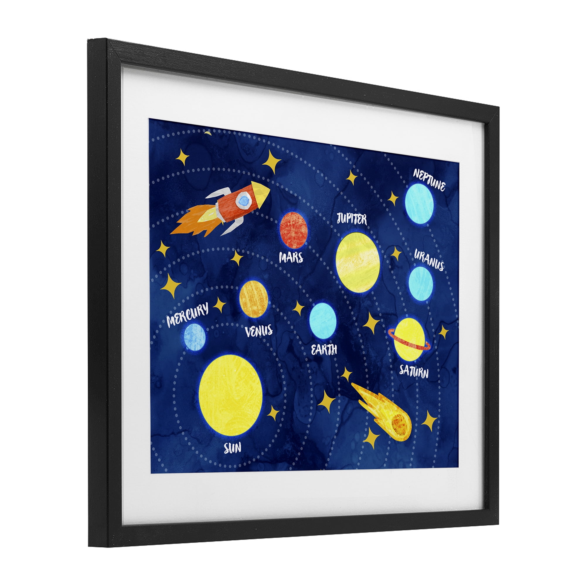 Rocket Across Solar System Black Framed Print Under Glass, design by Daphne Polselli