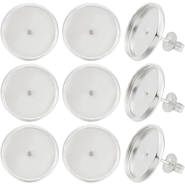 1 caja de 20 piezas de aretes de cabujón en blanco, engaste redondo plano chapado en plata de ley 925, bandeja de 12 mm, posavasos, accesorios para aretes con 20 tuercas para aretes.