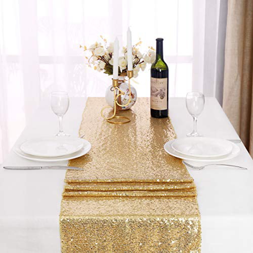 Kirsooku Light Gold Sequin Table Runners Glitter Sparkly Iridescent Shimmer for Dining Room Table Decorations for Birthday Party Supplies Wedding Reception Holiday Celebration 4 Pieces 12 X 72
