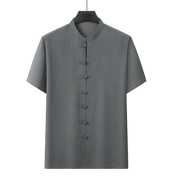 pstuiky camisetas para hombre, Camisa informal de manga corta con cuello alto, cómoda y lisa para hombre camisas casuales para hombre xxl