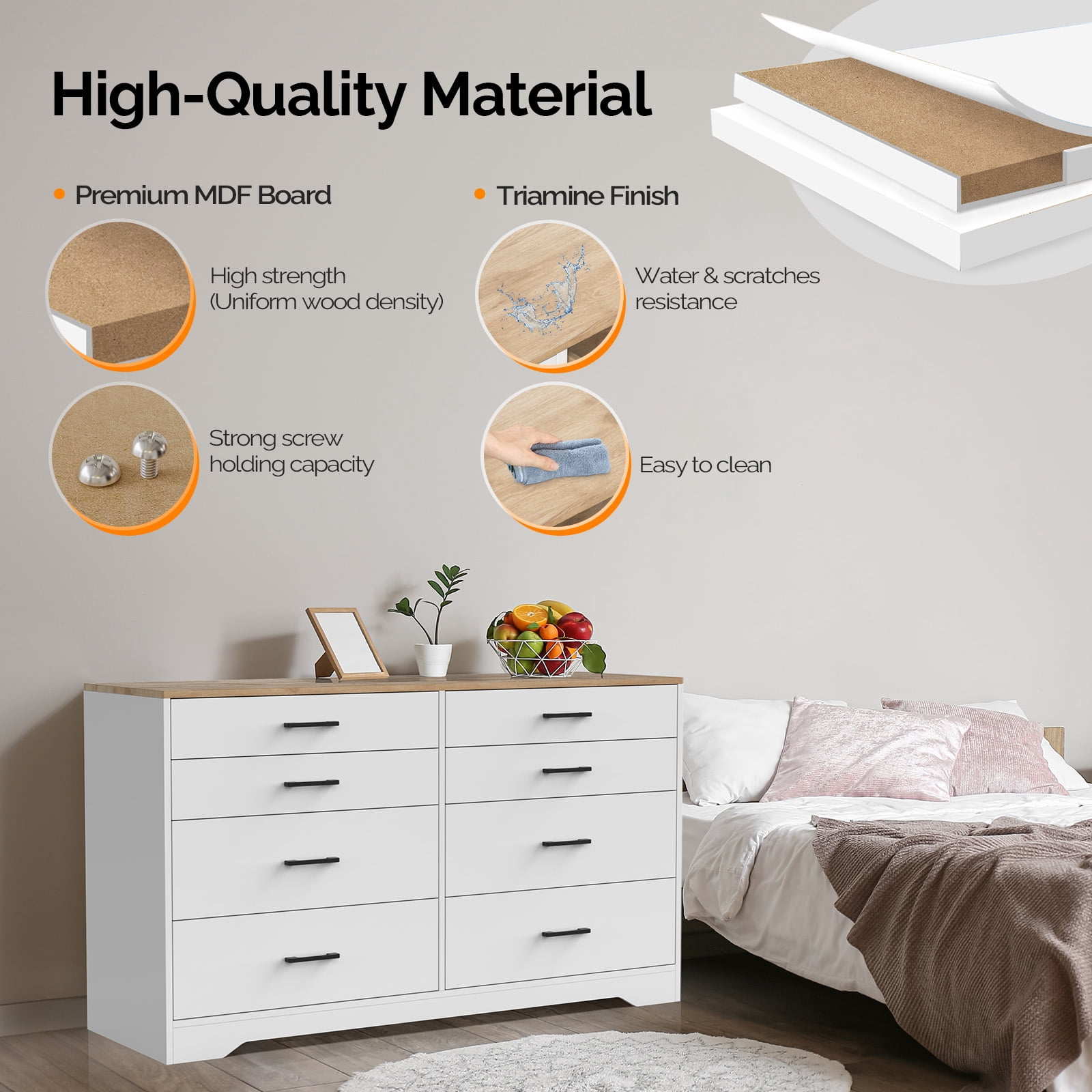Double-Row 8-Drawer Storage Cabinet, Particleboard with Melamine-Coated Drawers, 55.91 x 17.72 x 32.28 in, Brown & White