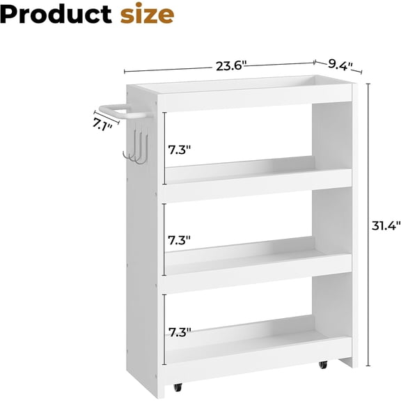 4 Tier Slim Storage Cart with Hooks Wheels Handle Slide-Out Rolling Utility Cart for Small Spaces Kitchen Narrow Mobile Shelving Unit Organizer Trolley