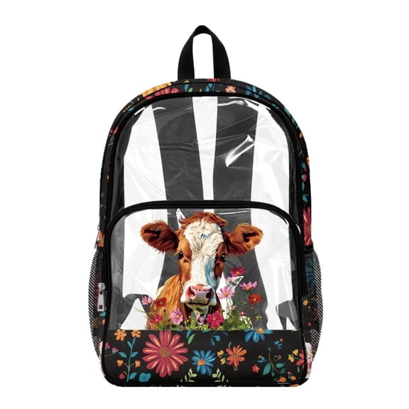 FKELYI Hippie Flower Cow Print Clear Backpacks for Kids School Bookbag 17 Inch Transprent Backpack Boys Girls Large Capacity Casual Daypack Travel Bags for Teens