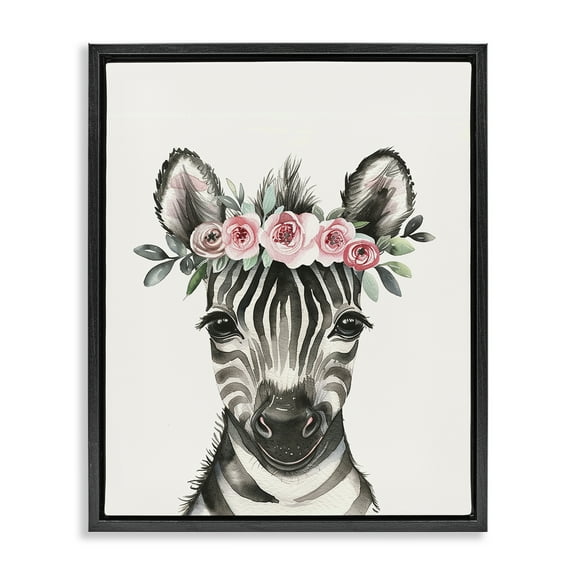 Stupell Industries Nursery Floral Zebra Animals Painting Black Floater Framed Canvas Art Print Wall Art, 17 x 21