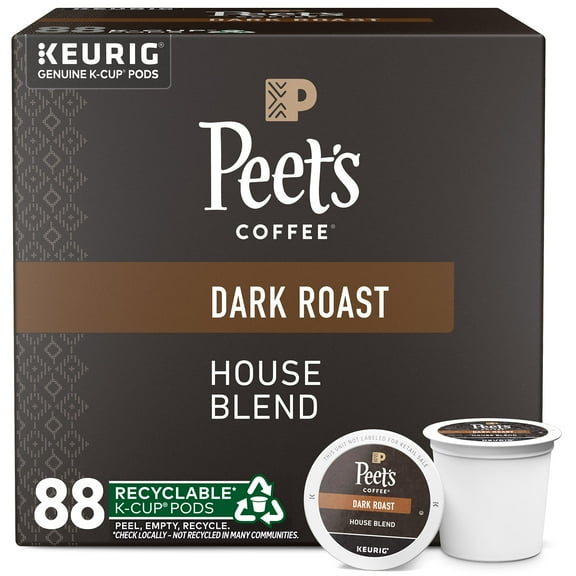 Smooth and Bold: Dark Roast K-Cup Pods - House Blend 88 Count (4 Boxes Of 22) by Peet's Coffee.