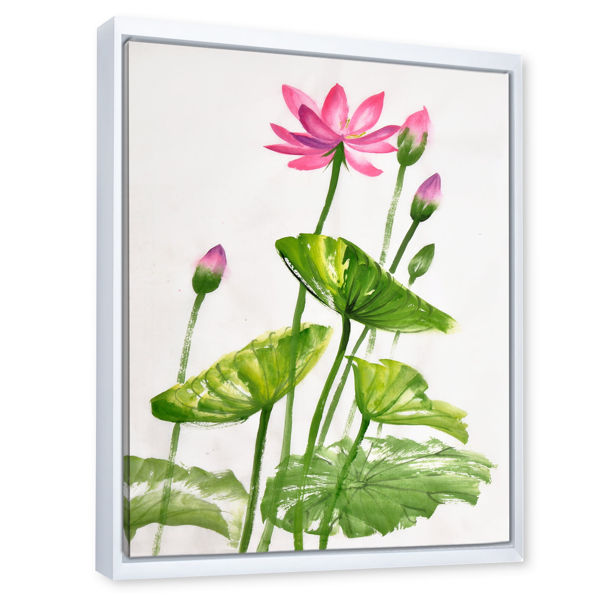 Designart 'Pink Vintage Lotuses In The Pond VII' Traditional Framed Canvas Wall Art Print