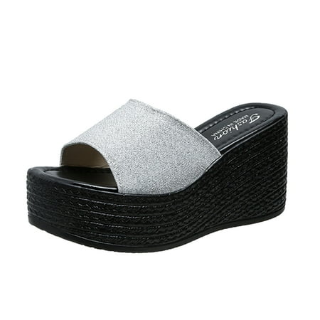 

Cathalem Fashion Summer Sandals Wedge Heel Thick Sole Fish Mouth Solid Color Multicolor Casual Slipper Silver 37