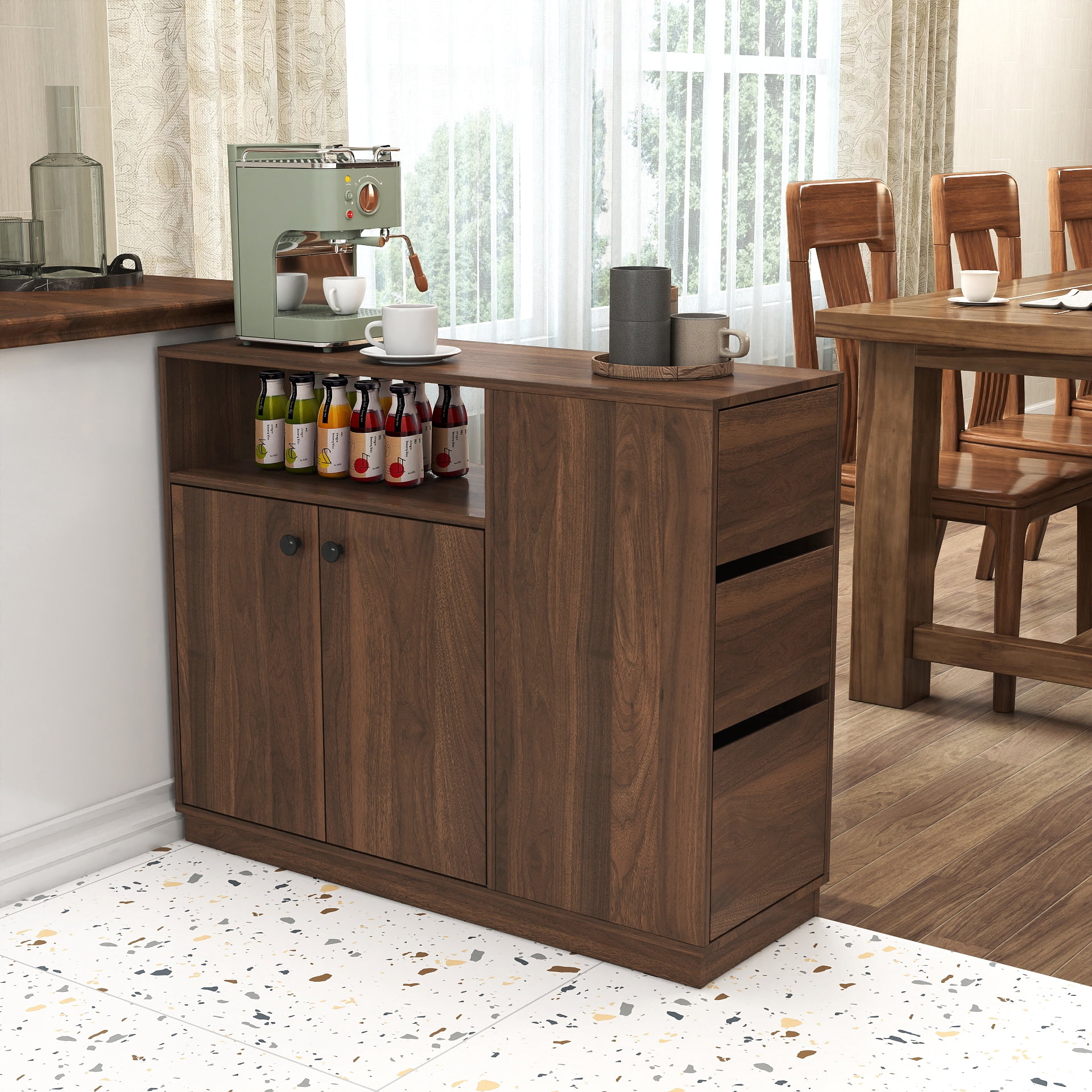 Mintazer Kitchen Sideboard Buffet Cabinet with Drawers & Fluted Glass Doors, Modern Storage Cabinet for Dining Room Kitchen, Walnut Brown