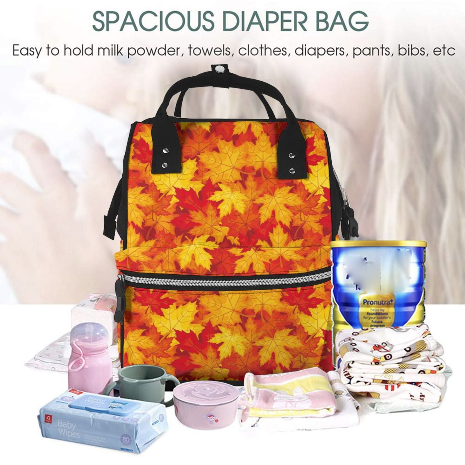 Ratiio Vintage maple leaves autumn Mummy Backpack - Waterproof Twill Canvas, Large Capacity Diaper Bag with Multiple Pockets and Adjustable Straps