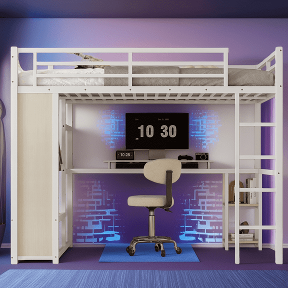 Queen Size Loft Bed, Metal Loft Bed Frame with Built-in Wardrobe, Desk and Shelves, Space-Saving Loft Bed for Small Rooms, Studio Apartment, White