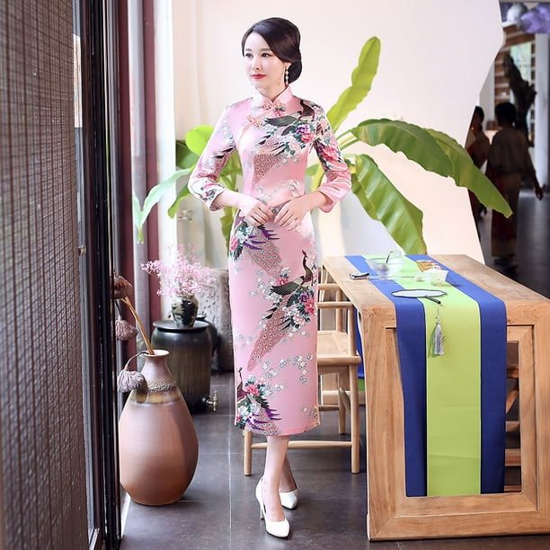 Cheongsam largo de satén con estampado de agujeros multicolor de otoño, talla grande, estilo retro, ajustado, para banquetes, pasarela