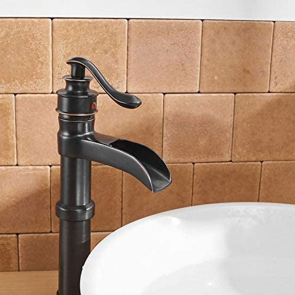 Oil Rubbed Bronze Vessel Sink Faucet Waterfall with Pop Up Drain Assembly and Single-Handle Hole Supply Hose Lead-Free Vanity Lavatory Bathroom Faucet Mixer Tap