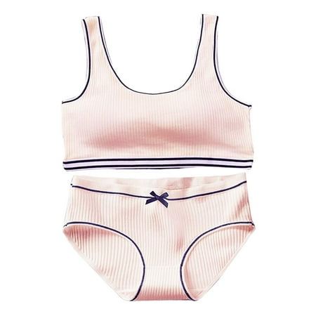 Teens Training Bras for Girls Big Kids Solid Color Sports Breathable Bra Straps Bralette with Underpants Sets Light Pink One Size