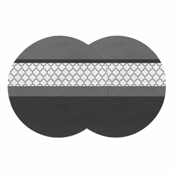 Black Morocco Round 15 Inch Placemats Set of 2, Grey Striped Middle Century Patterned HeatResistant Non Slip Place Mats for Dining Table, Wipeable Braided Kitchen Table Mats for Housewarming