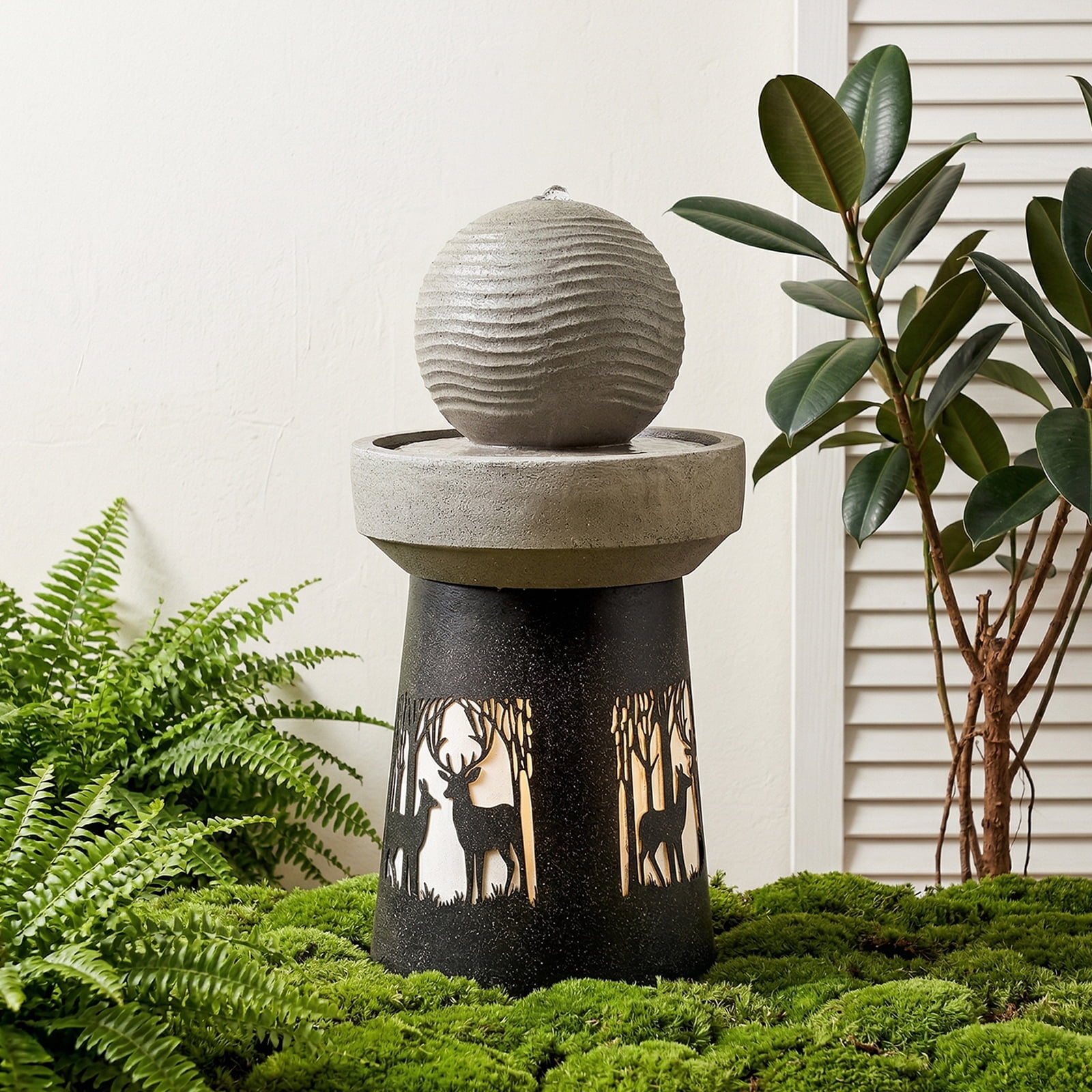 Mintazer 32.1" Modern Spherical Water Fountain with LED Lights, Outdoor Garden Fountain with Leaf Silhouette Base for Patio Yard Porch Landscape