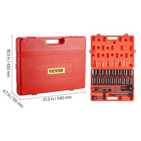 3/4 Inches Drive 22-Piece SAE Deep Impact Socket Set, 7/8 Inches to 2 Inches, with Ratchet Handle and Adapters for Mechanics