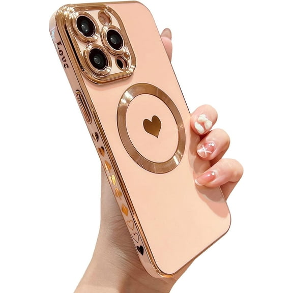 Magnetic Case for iPhone 13 Pro Max Case, Luxury Plating Cute Love Heart [ Compatible with MagSafe ] Slim Fit Shockproof for Women Men Raised Full Camera Lens Protection Phone Case - Pink