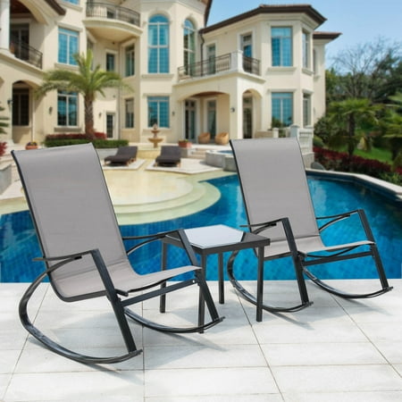 Sundale Outdoor 3pcs Bistro Set Rocking Lounger Patio Garden Pool 2 Chairs With Glass Table Set