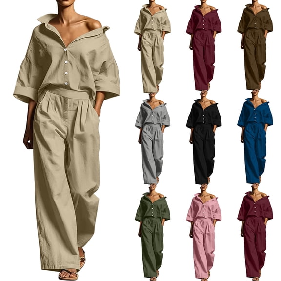Women's Linen 2 Piece Outfit Oversized Button Down Shirts High Waist Pleated Wide Leg Pants Matching Tracksuit Set office Casual Outfits Wine