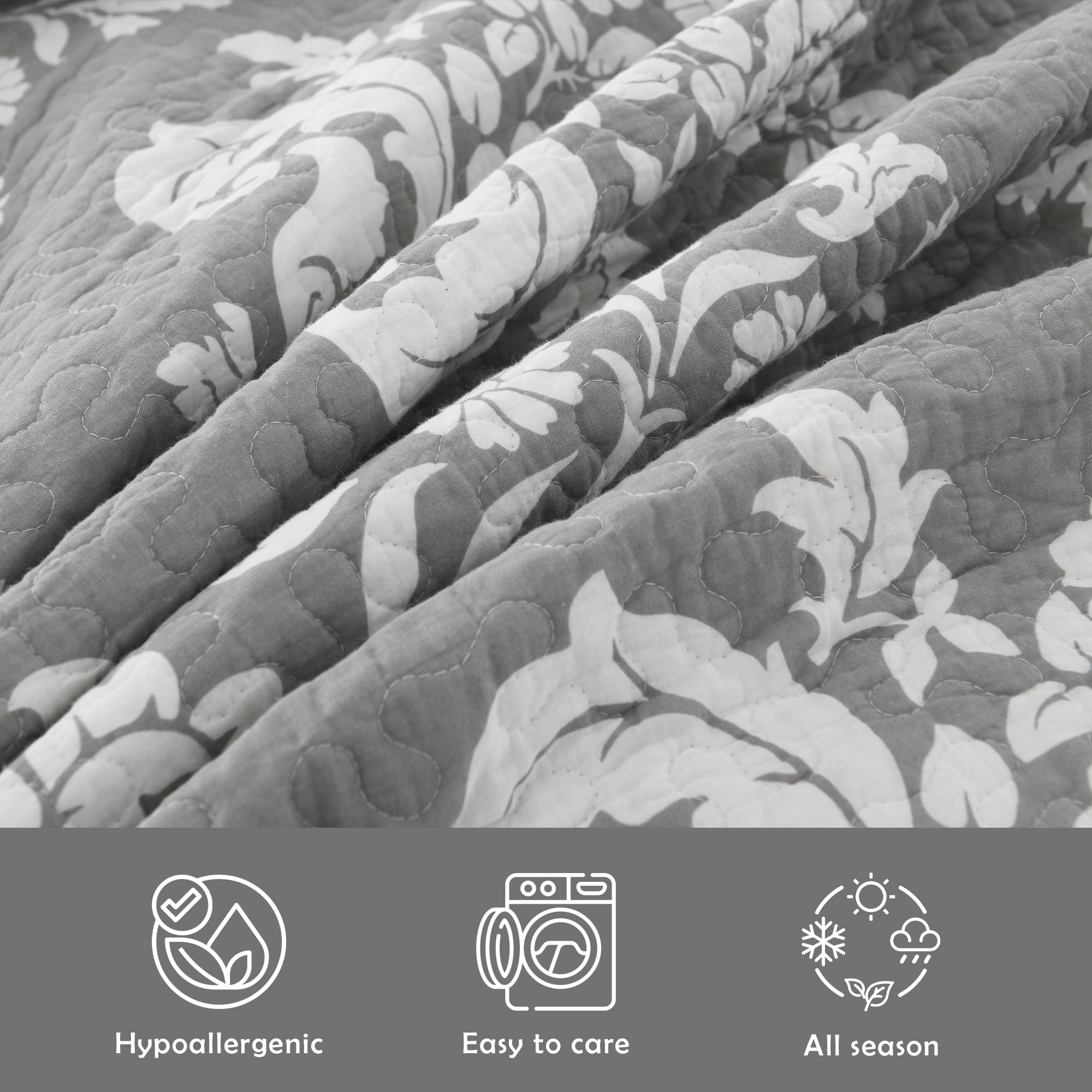 Quilt Set Queen Size - 100% Cotton Grey Damask Floral Bedspreads - Quilted Farmhouse Bedding Set for All Season - Lightweight Scallop Coverlet 3-Piece (Grey and White)