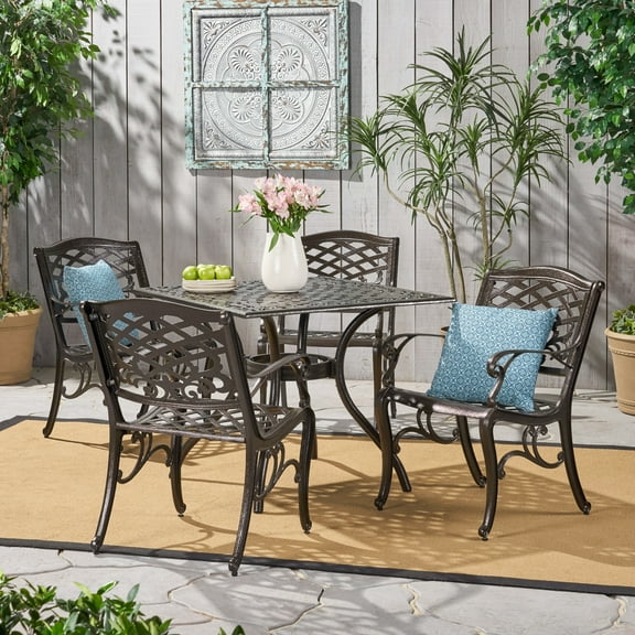 Pittman Outdoor Cast Aluminum 5 Piece Square Dining Set, Hammered Bronze
