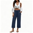 thumbnail image 7 of Lumtrix Womens Cotton Linen Wide Leg Pants Casual Zipper Front Summer Cropped Trousers Dressy Pants with Pockets Navy M, 7 of 7