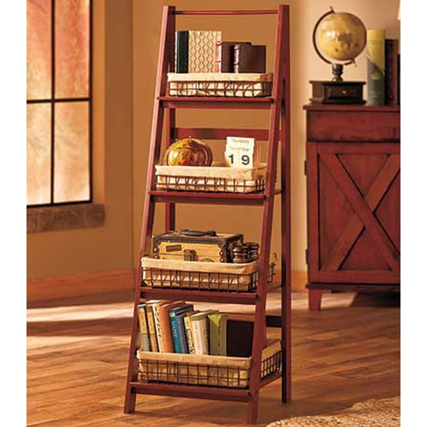 Cnlinkco Stylish Room Walnut Wooden Leaning Ladder Shelf Bookcase