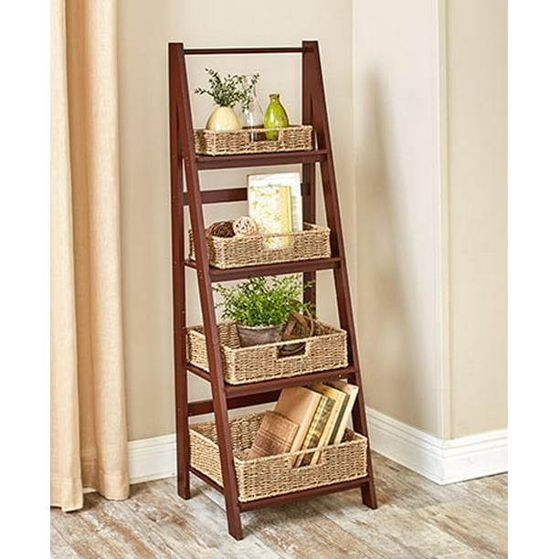 Ladder Shelf Wired Storage Baskets Included (Walnut) by HiTech