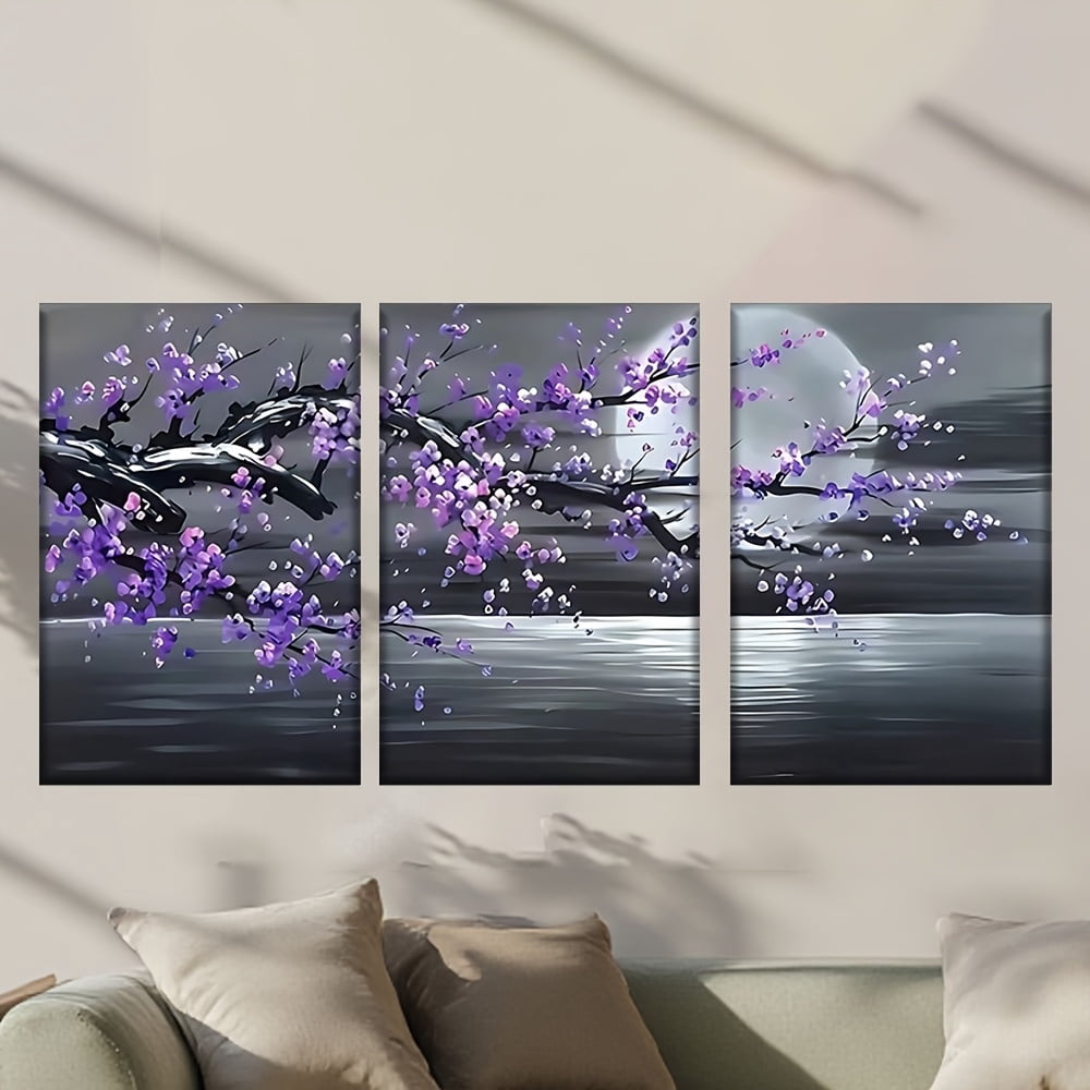 3pcs/set, Canvas Painting--Unframed, a Painting of a Tree with Purple Flowers, Abstract Art, Perfect Birthday,