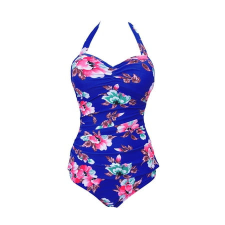 - S-4XL Plus Size Women Ladies Girls Floral Print Monokinis Swimsuit One Piece Swimwear Beachwear Bathing Suit Swimming Costumes Halterneck Tummy Control Push Up Bra Padded Blue Black Sexy Vintage