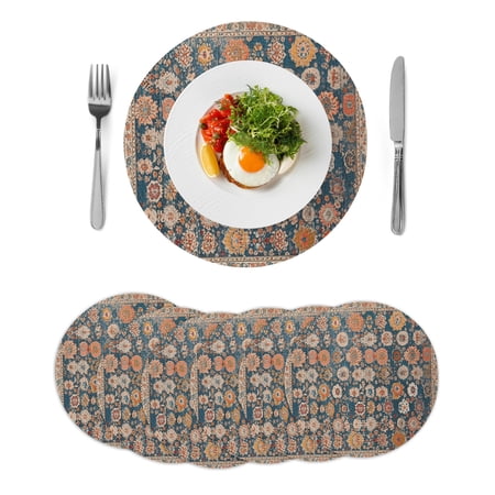 Blue Round 13 Inch Placemats Set of 6 Ethnic Modern Geometric Abstract Art HeatResistant Non Slip Place Mats for Dining Table Wipeable Braided Kitchen Table Mats for Housewarming