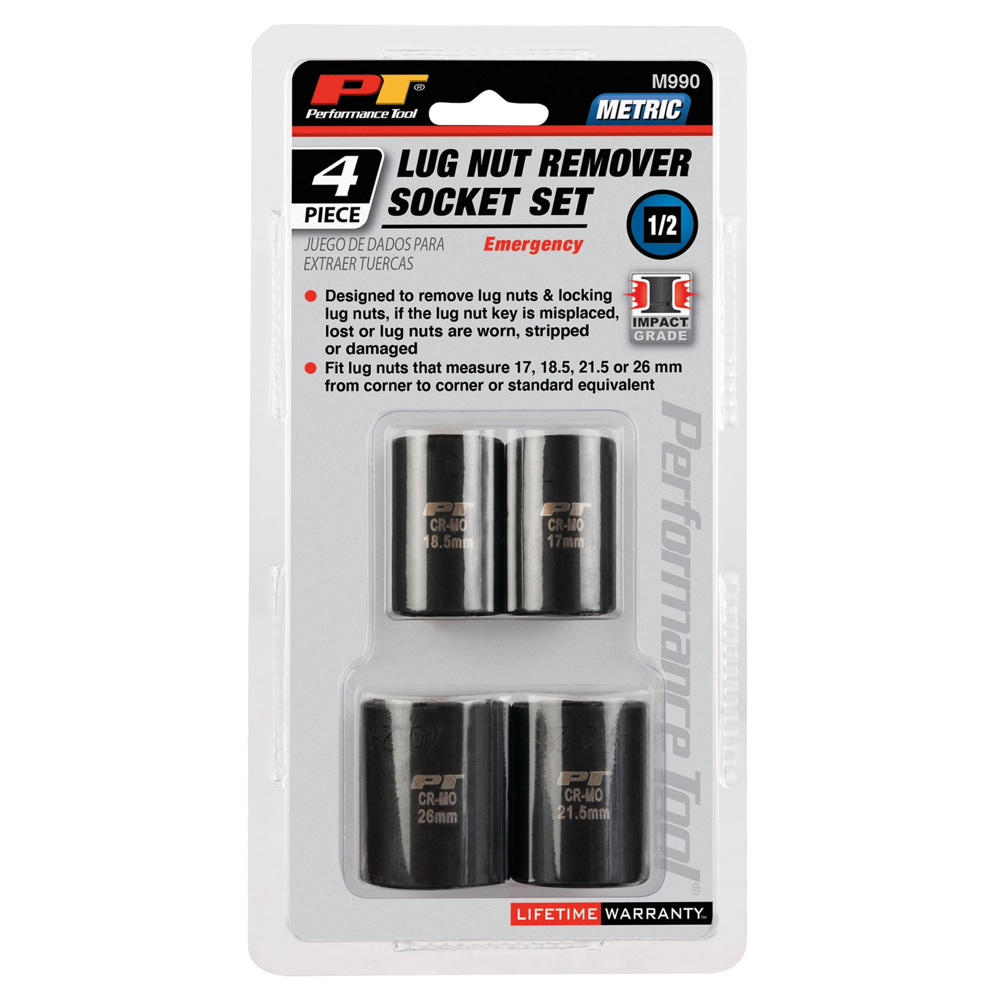 Performance Tool M990 Heavy Duty Impact Socket Set for Lug Nut Removal - Fits 17mm to 26mm, CrMo Steel, Oil Resistant Finish, 1/2-Inch Drive
