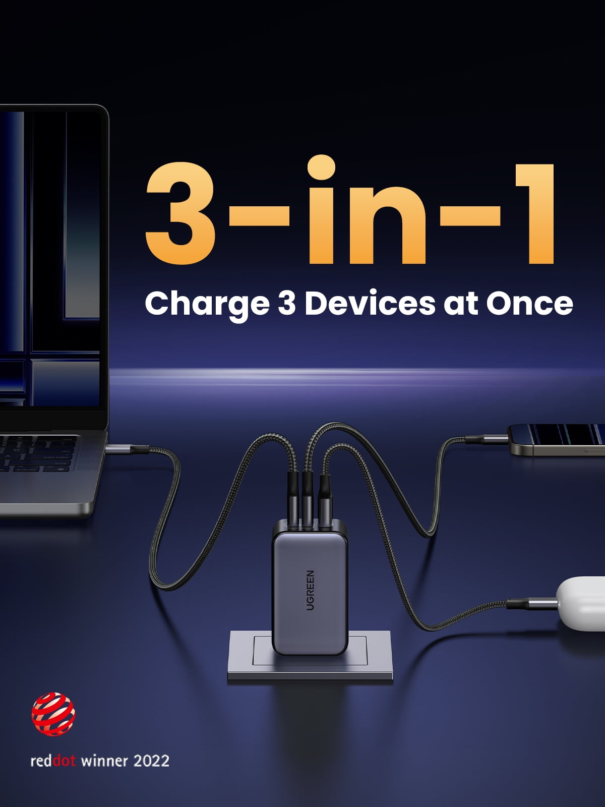 UGREEN Nexode USB C Charger, 65W GaN Charger Block with 3 Fast Charging Ports Compatible for MacBook, Compatible for iPhone, Compatible for iPad and more
