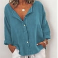 thumbnail image 2 of Button Down Shirts for Women Solid Cotton And Linen Single Breasted Long Sleeved Lapel Shirt Blouse Tops Blue 2XL, 2 of 8
