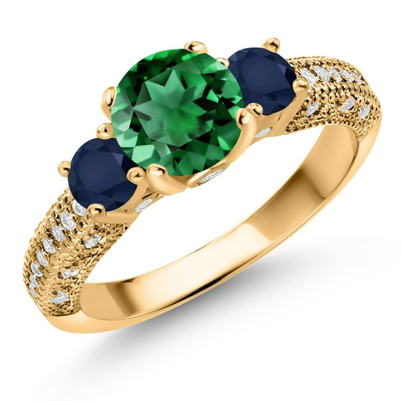 Gem Stone King 18K Yellow Gold Plated Silver Green Nano Emerald Blue Sapphire and White Moissanite Engagement Ring for Women (2.00 Cttw, Gemstone May Birthstone, Round 7MM and 4MM, Size 9)