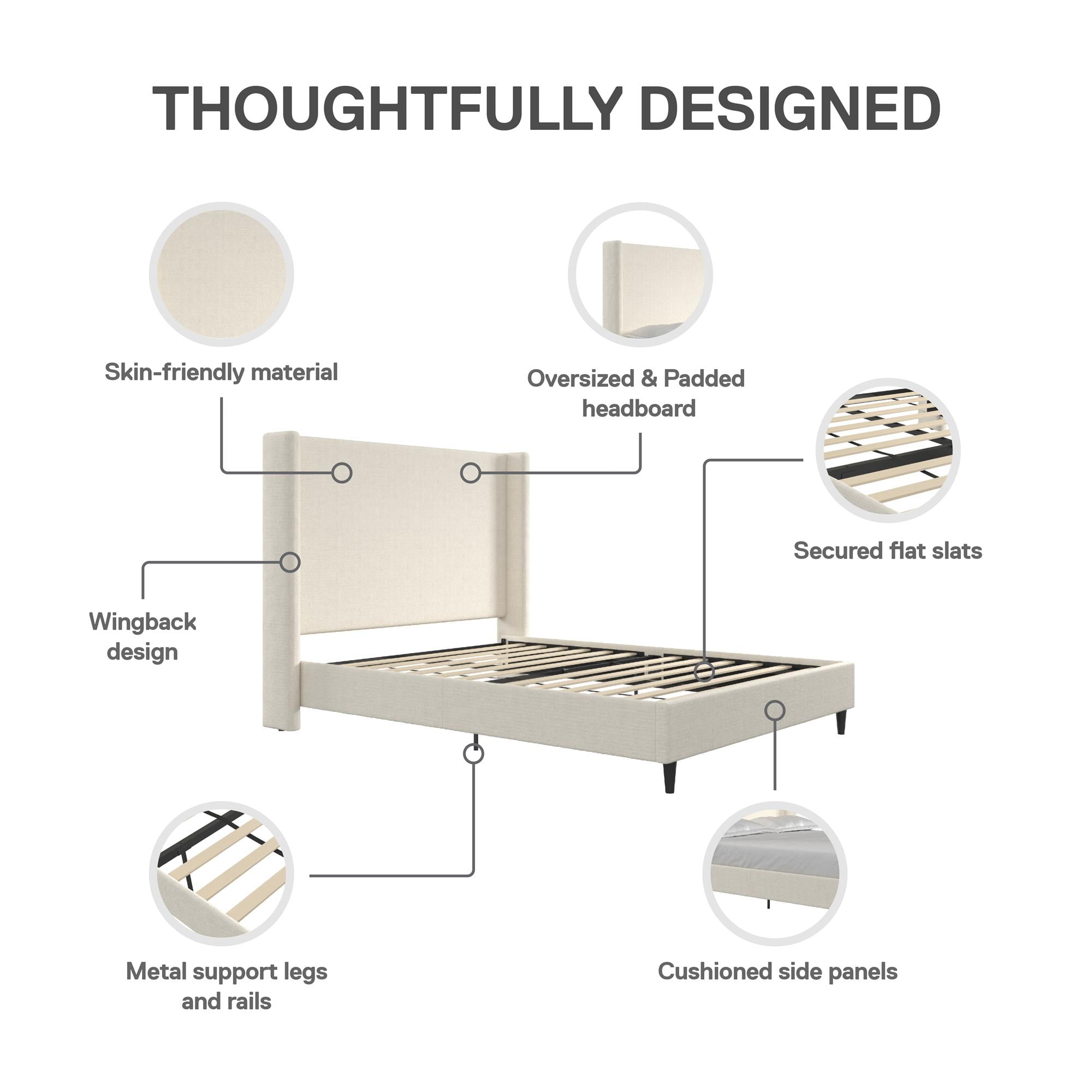DHP Eveline Upholstered Platform Bed Frame with High Wingback Headboard, Queen, Ivory Boucle