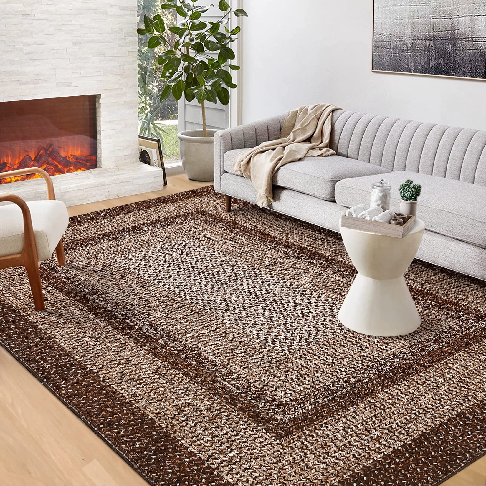 Aoile 9'x12' Washable Area Rug, Geometric Printed Rugs with Non Slip for Living Room Bedroom Dining Room, Brown
