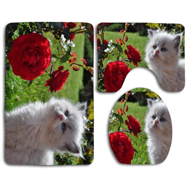 ABPHQTO Flores De Gato Juego de alfombras de baño de 3 piezas Alfombra de baño Alfombra de contorno y tapa de inodoro
