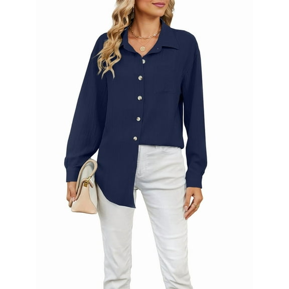 Womens Button Down Shirts Long Sleeve Textured Collared Work Blouse Dressy Casual Tops with Pocket Navy Blue XL