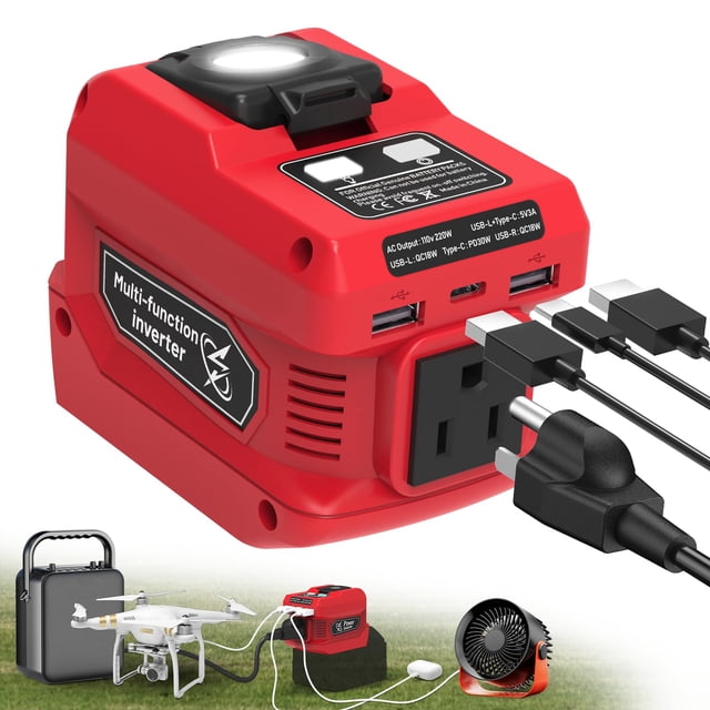 Inversor de Potencia PlantPalGear 220W Compatible con Batería Milwaukee 18V, Salida AC 110V
