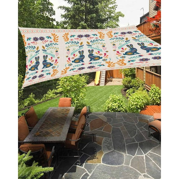 Sun Shade Sail 8x10Ft Easter Boho Rabbit Flowers Plants Retro Linen Uv Block Sunshade Canopy Outdoor Shade Cover Rectangle Shade Cloth For Patio Garden Yard Deck Pergola