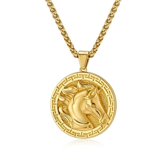 Men's Gold Tone Horse Head Medallion Pendant Necklace, 14K Yellow Gold Hip Hop Chain, Animal Charm Jewelry
