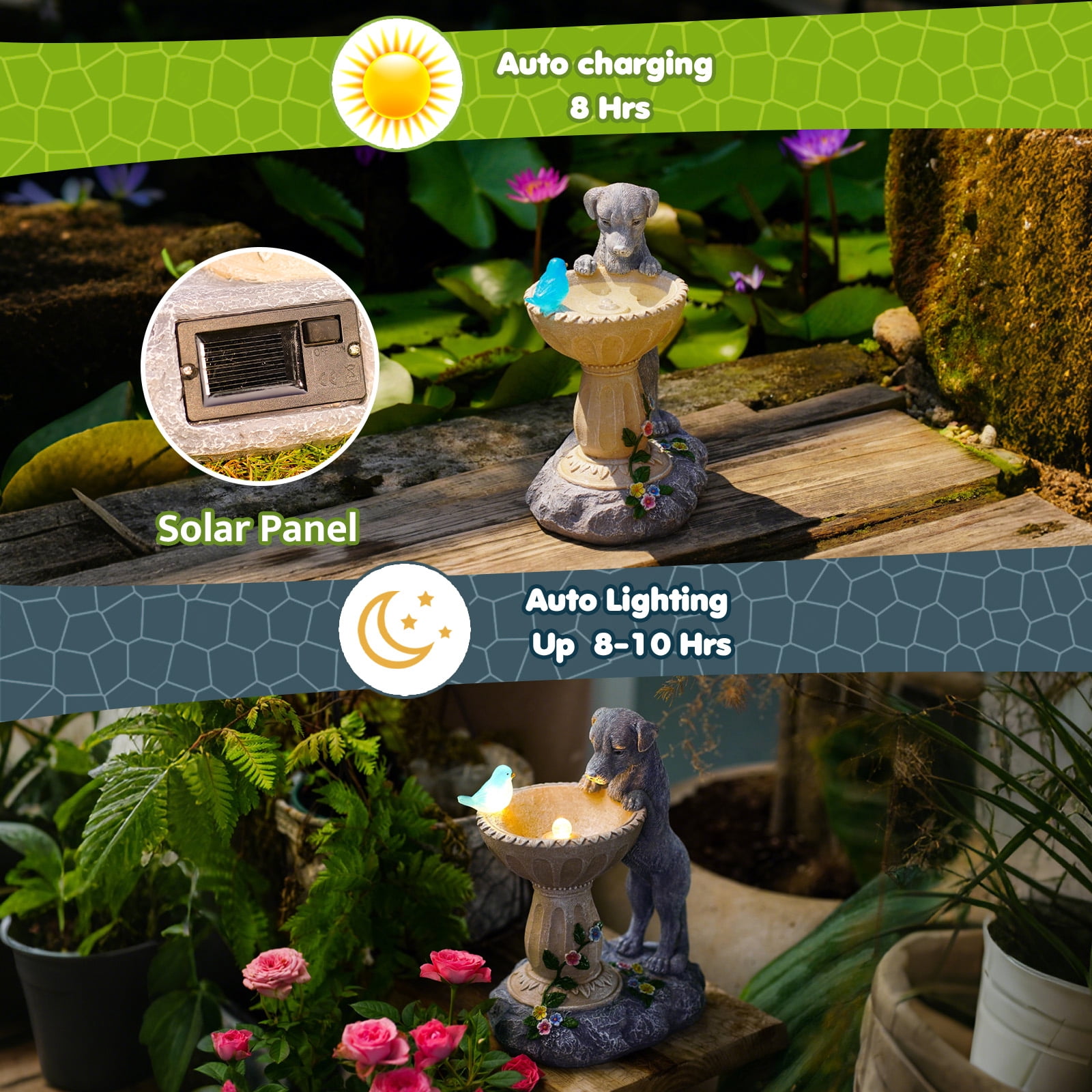 Solar Dog Statues for Bird Bath - Outdoor Sculptures for Garden Yard Balcony Porch