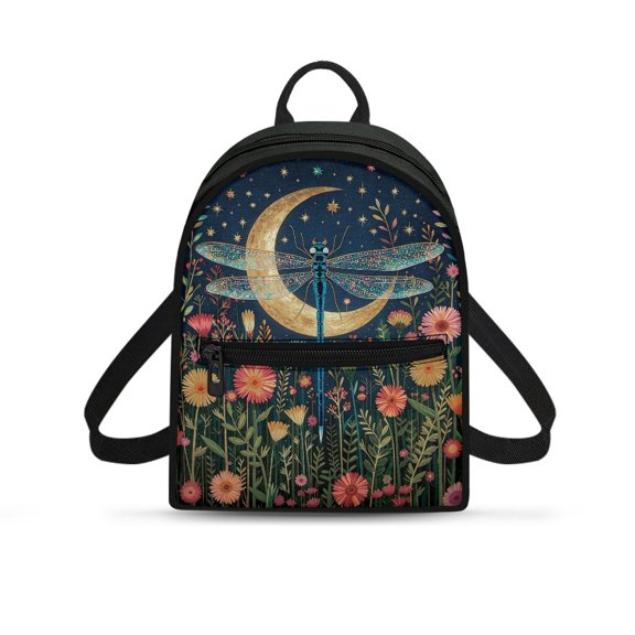 HELLHERO Dragonfly Moon Floral Theme Small Backpack for Outing Shopping, Lightweight Travel Shoulder Bags Polyester Front Pocket Mini Backpack