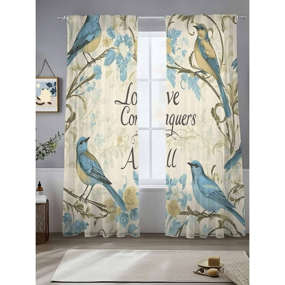 Vintage Blue Birds Sheer Curtains for Living Room Bedroom Summer Botanical Retro Floral Sheer Curtains 84 Inch Long 2 Panels Set Light Filtering Curtain Window Treatments Drapes for Dining Room