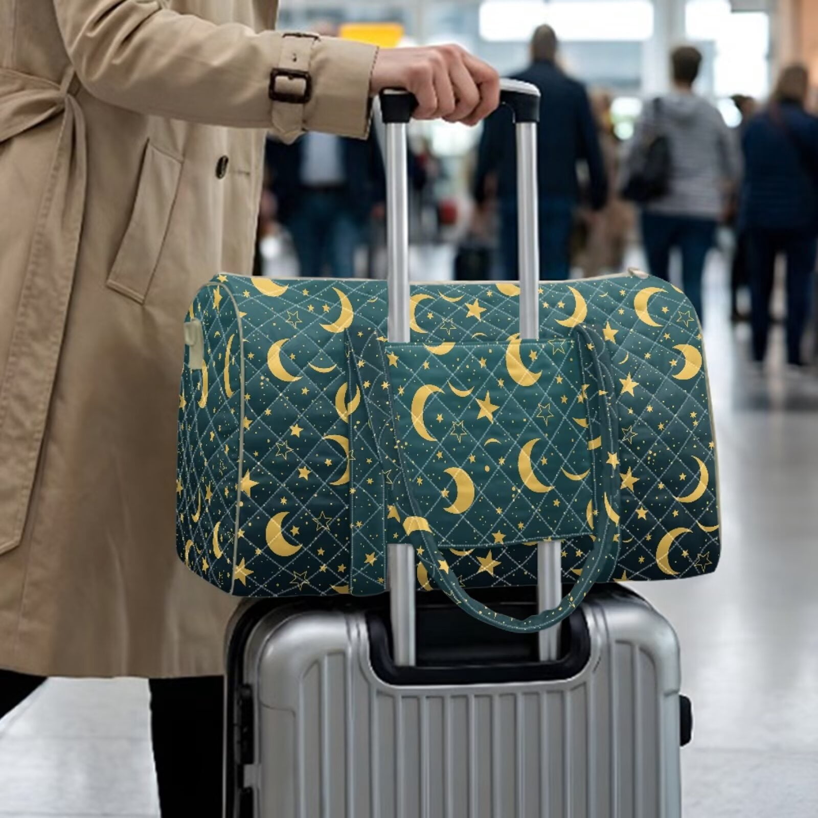 Chririnla Luggage Bag Travel Bags for Women Large Overnight Bag with Shoulder Strap & Handle Dual Design for Bussiness, Blue Moon & Star Print