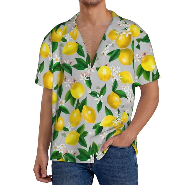 Balery Lemon1 Camisa Casual de Manga Corta con Botones para Hombre, Texturizada, Estilo Cubano, para Playa, Verano-Large