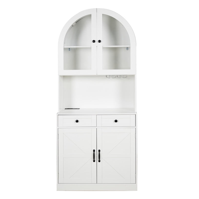 Farmhouse Arched Kitchen Storage Pantry with Charging Station on Open Countertop, Coffee Bar Cabinet with Adjustable Shelf