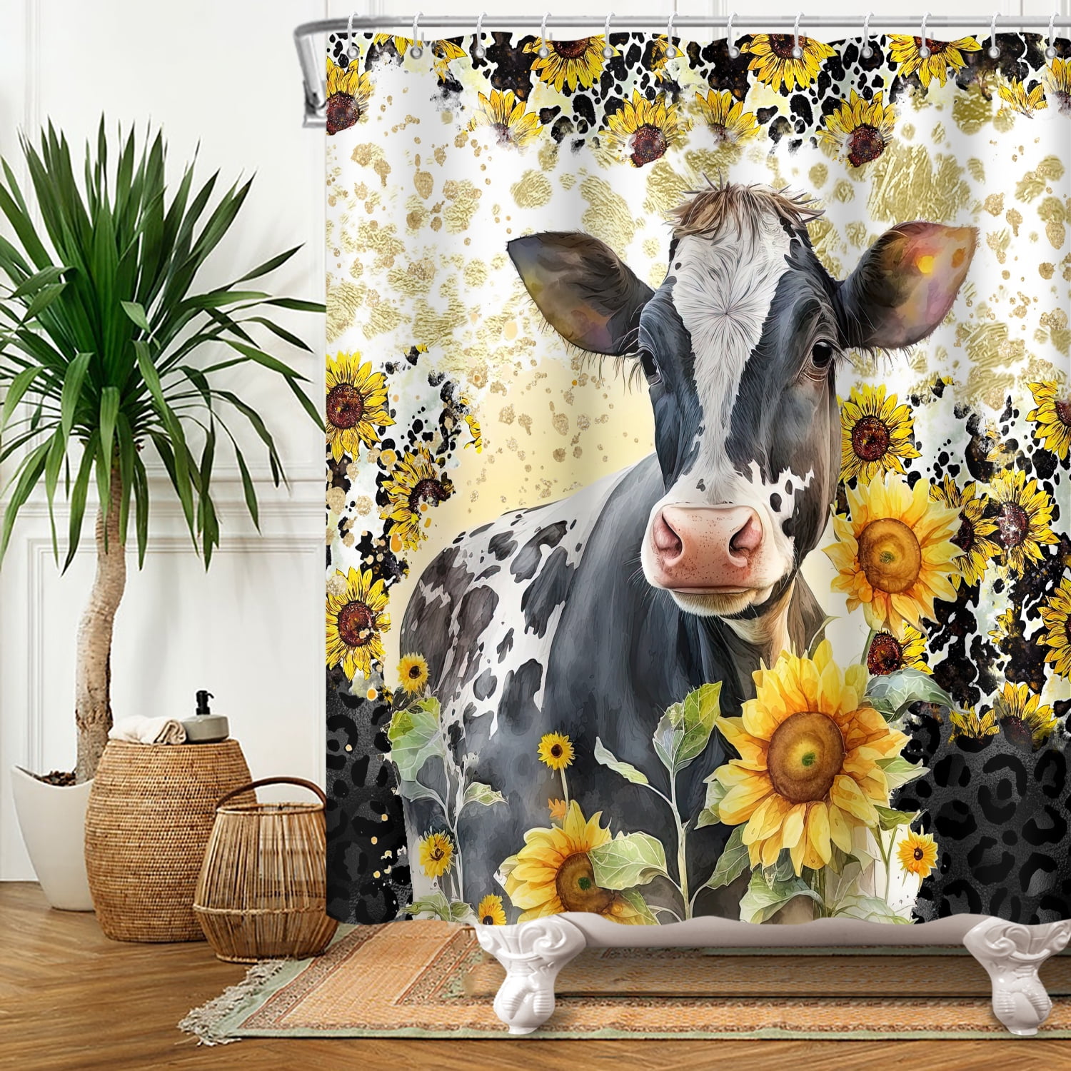 Mizhona Farm Shower Curtain for Bathroom Cow with Sunflowers Shower Curtains Waterproof Polyester Country Decor 72"x78"