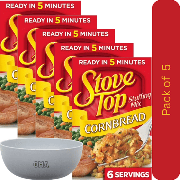 Stove Top Cornbread Stuffing Mix Side Dish, 5 Pack (6 oz Each) – with Bowl by OMA